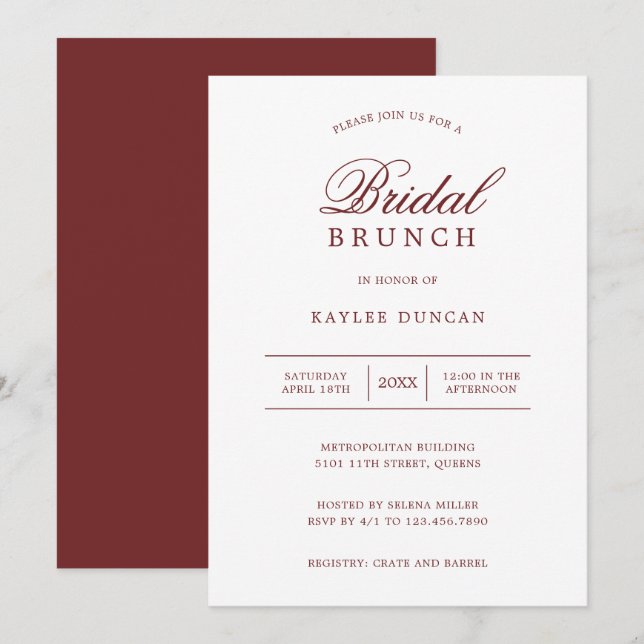 Simple Burgundy and White Minimalist Bridal Brunch Invitation (Front/Back)