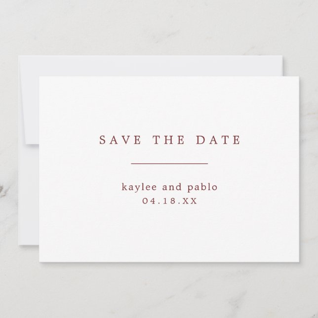 Simple Burgundy and White Minimalist Wedding Save The Date (Front)