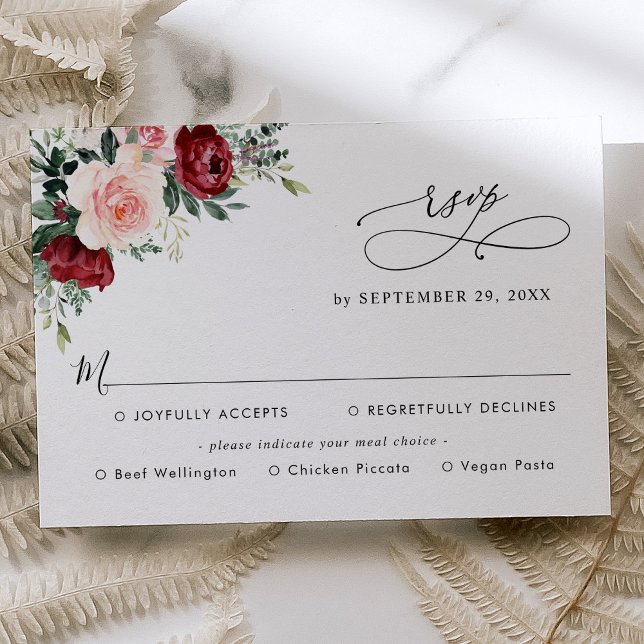 Simple Burgundy Blush Floral Greenery Meal Options RSVP Card (Creator Uploaded)