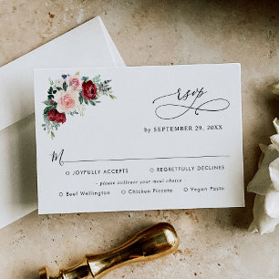 Simple Burgundy Blush Floral Wedding Meal Options RSVP Card