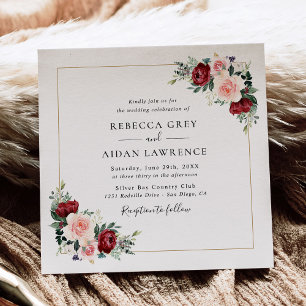 Simple Burgundy Blush Gold Floral Wedding Square Invitation
