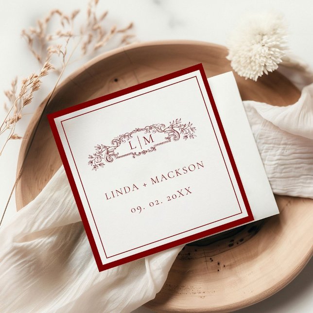 Simple burgundy botanical crest monogram wedding napkin (Creator Uploaded)