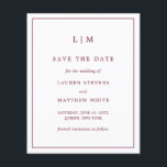 Simple Burgundy Budget Wedding Save the Date<br><div class="desc">Simple burgundy budget save the date featuring a modern yet elegant design with your two letter monogram at the top and your wedding details surrounded by a thin border.  A chic and stylish design that is great for a minimalist couple.</div>