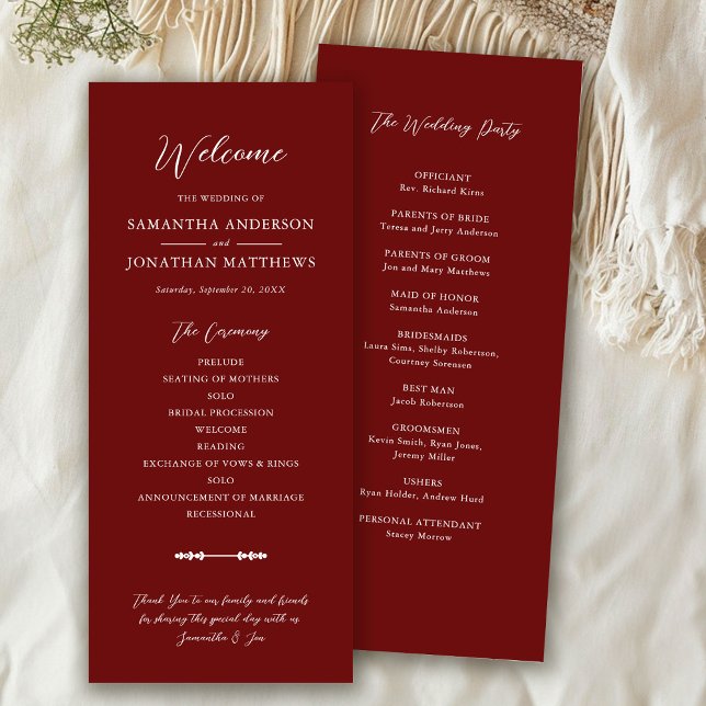Simple Burgundy Elegant Script Wedding Ceremony Program (Creator Uploaded)