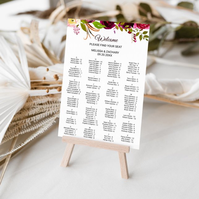 Simple Burgundy Floral Alphabetical Seating Chart (Creator Uploaded)