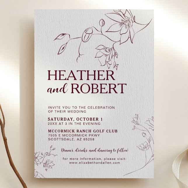 Simple Burgundy Floral Botanical Boho Wedding Invitation (Creator Uploaded)