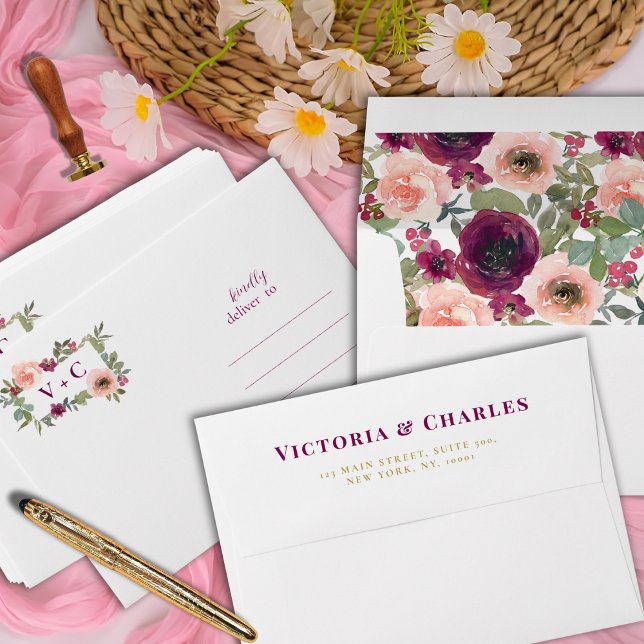 Simple Burgundy Floral Watercolor Initials Wedding Envelope (Creator Uploaded)