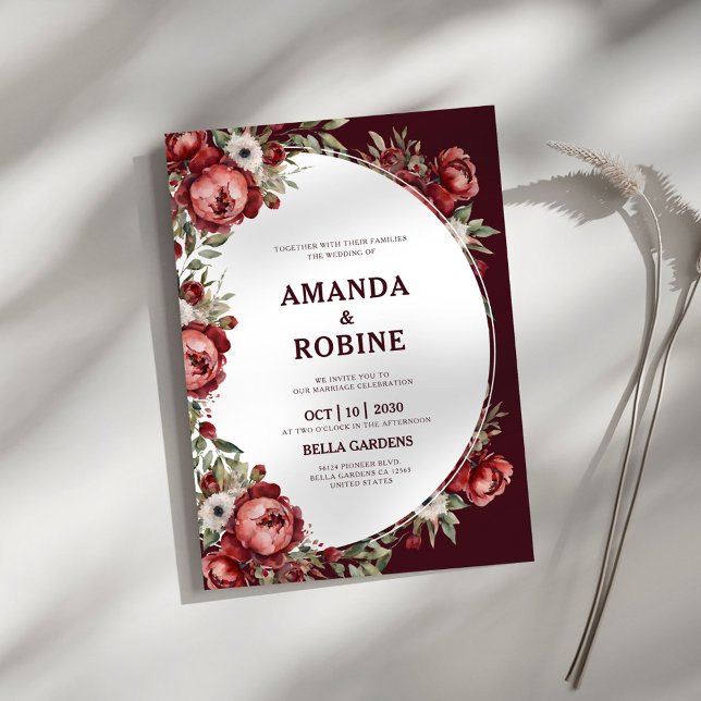 Simple Burgundy Floral Watercolor Wedding Invitation (Creator Uploaded)