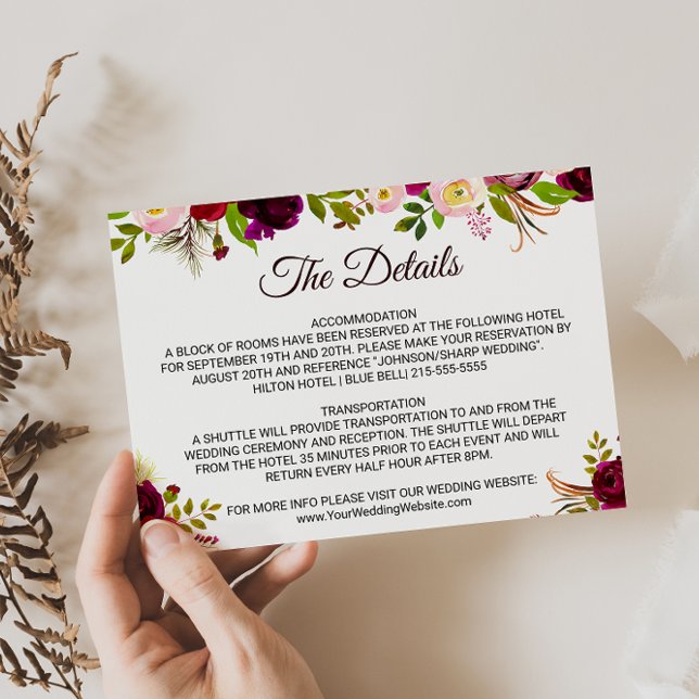 Simple Burgundy Floral Wedding Details Insert Card (Creator Uploaded)