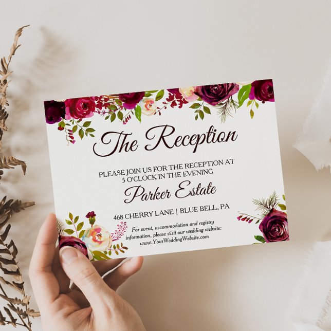 Simple Burgundy Floral Wedding Reception Card (Creator Uploaded)