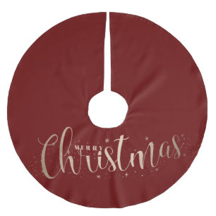 Simple Burgundy & Gold Merry Christmas Caligraphy Brushed Polyester Tree Skirt