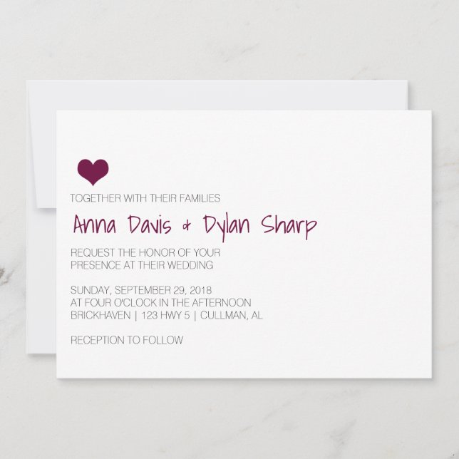 Simple Burgundy Heart Wedding Invitation (Front)