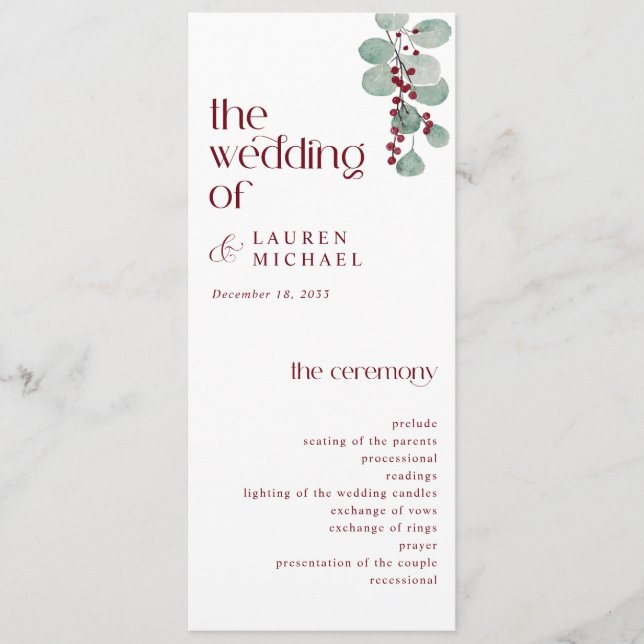 Simple Burgundy Modern Winter Wedding Program (Front)