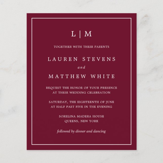 Simple Burgundy Monogram Budget Wedding Invite (Front)