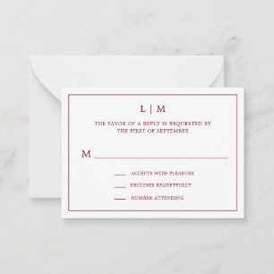 Simple Burgundy Monogram Elegant Mini Wedding RSVP Card