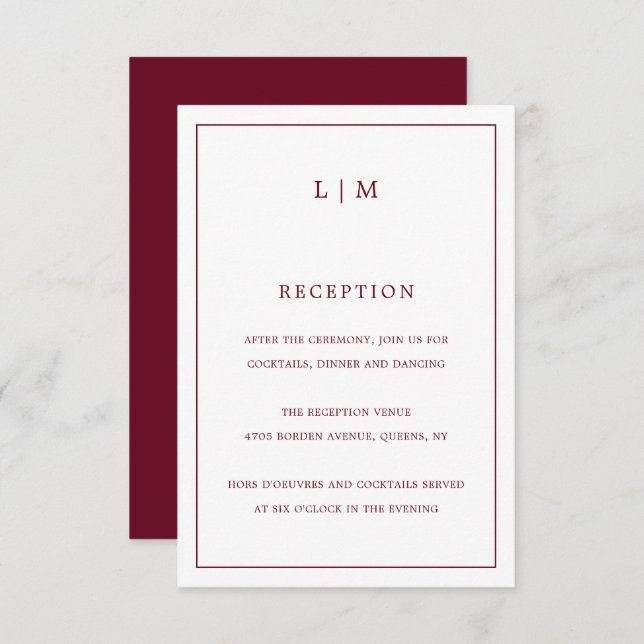 Simple Burgundy Monogram Elegant Wedding Enclosure Card (Front/Back)