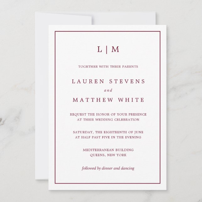Simple Burgundy Monogram Elegant Wedding Invitation (Front)
