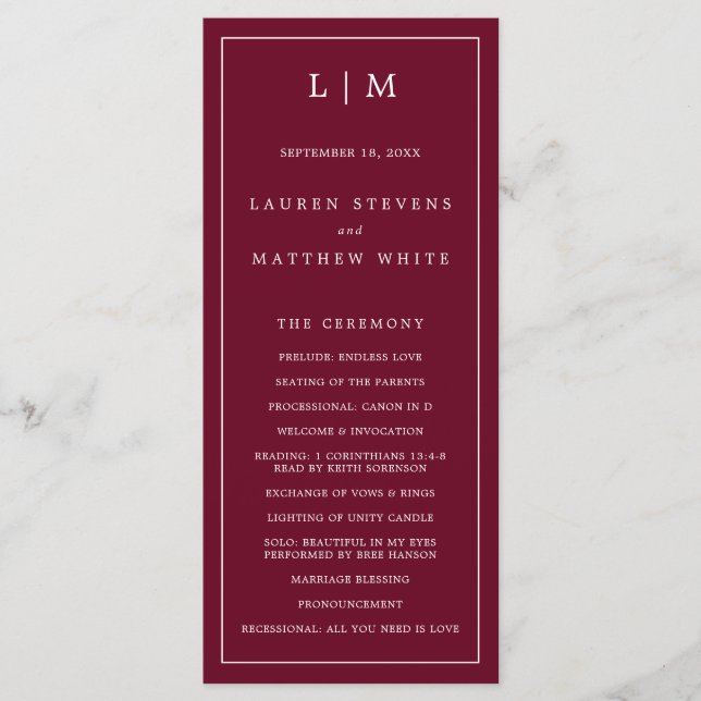 Simple Burgundy Monogram Elegant Wedding Program (Front)