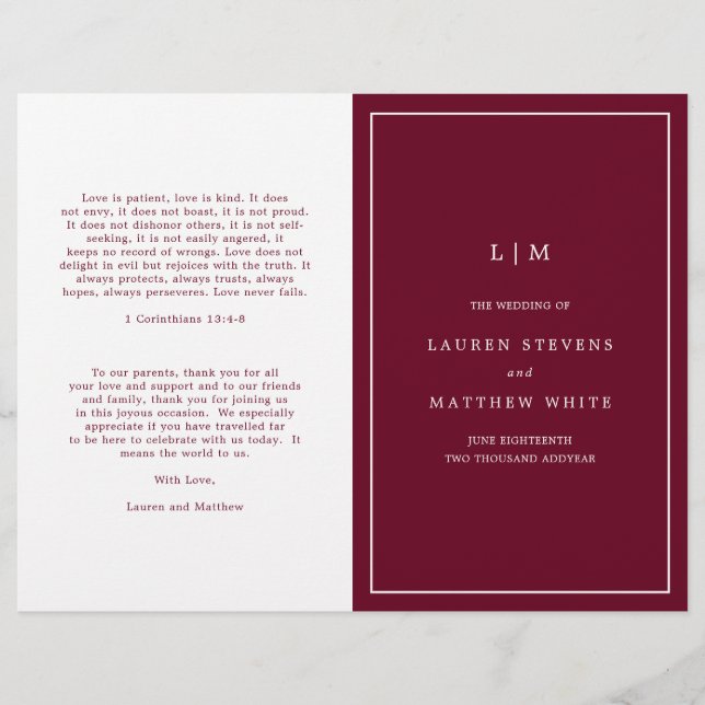 Simple Burgundy Monogram Elegant Wedding Program (Front)