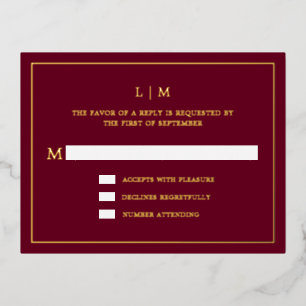 Simple Burgundy Monogram Elegant Wedding RSVP Foil Invitation Postcard
