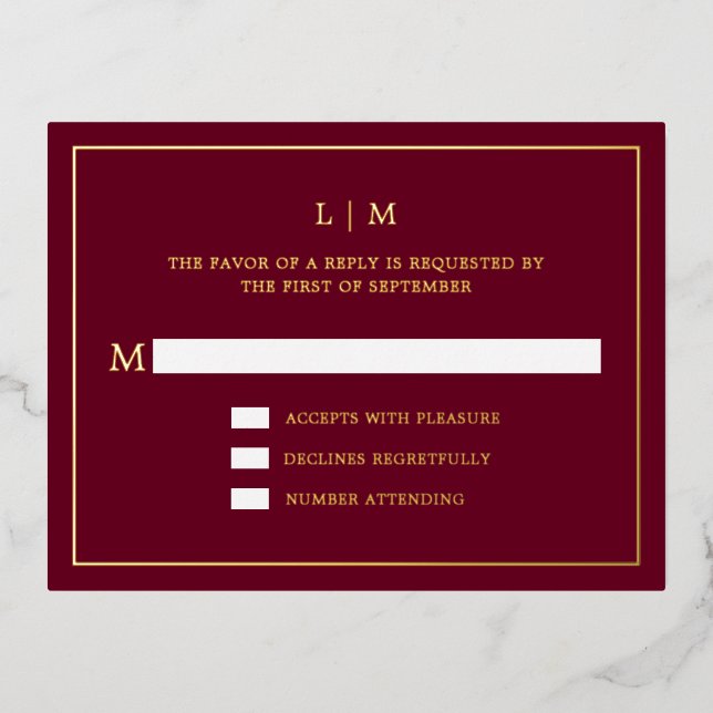 Simple Burgundy Monogram Elegant Wedding RSVP Foil Invitation Postcard (Front)