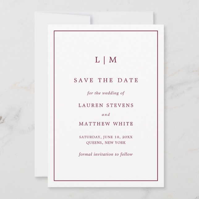 Simple Burgundy Monogram Elegant Wedding Save The Date (Front)