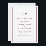 Simple Burgundy Monogram Elegant Wedding Save The Date<br><div class="desc">Simple burgundy save the date card featuring a modern yet elegant design with your two letter monogram at the top and your wedding details surrounded by a thin border. The fonts and background colours may be changed to any colours you wish. A chic and stylish design that is great for...</div>
