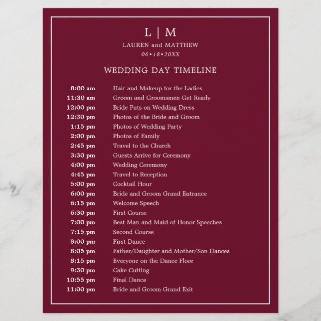Simple Burgundy Monogram Elegant Wedding Timeline (Front)