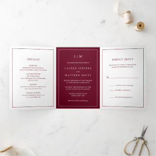 Simple Burgundy Monogram Elegant Wedding Tri-Fold Invitation