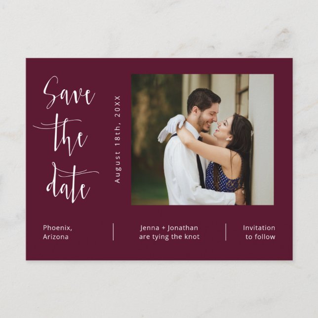 Simple Burgundy Photo QR Code Save The Date Postcard (Front)