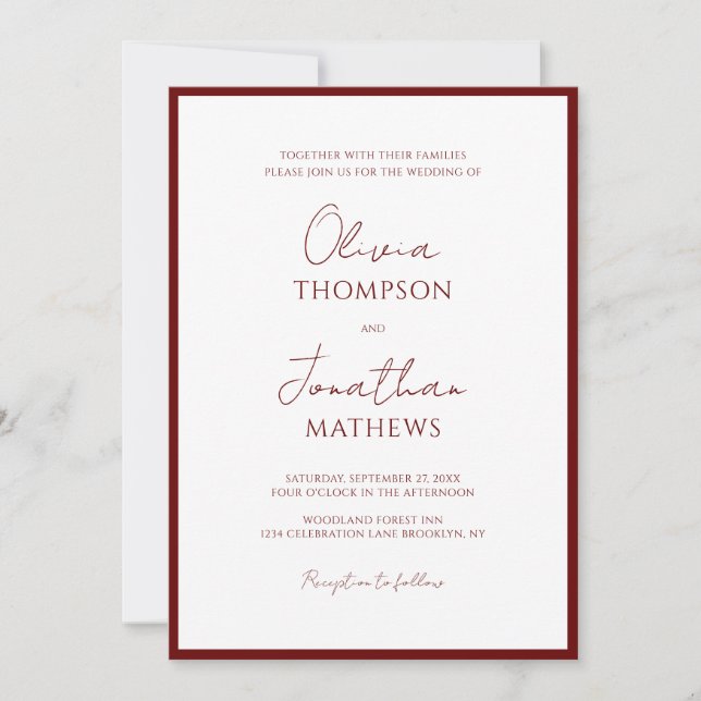 Simple Burgundy Red Border Script Wedding Invitation (Front)