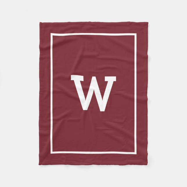Simple Burgundy Red Initial Monogram Fleece Blanket (Front)