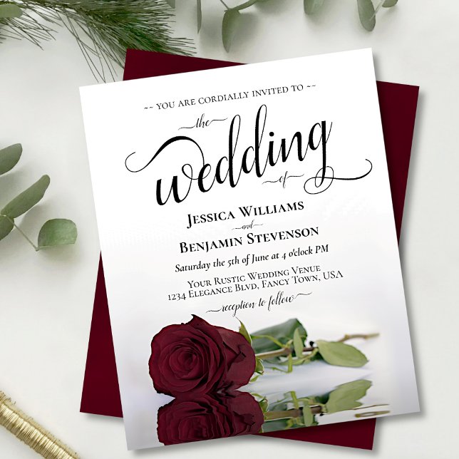 Simple Burgundy Rose BUDGET Wedding Invitation (Creator Uploaded)