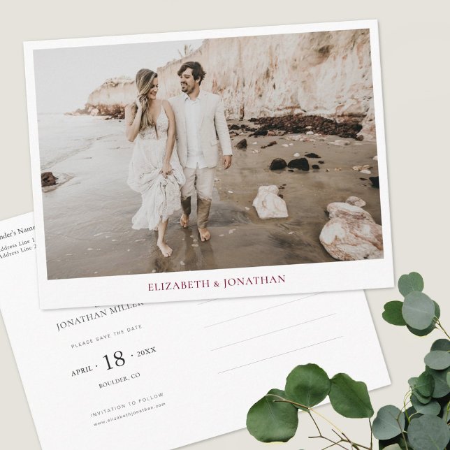 Simple Burgundy Typography Photo Save the Date Invitation Postcard (Creator Uploaded)