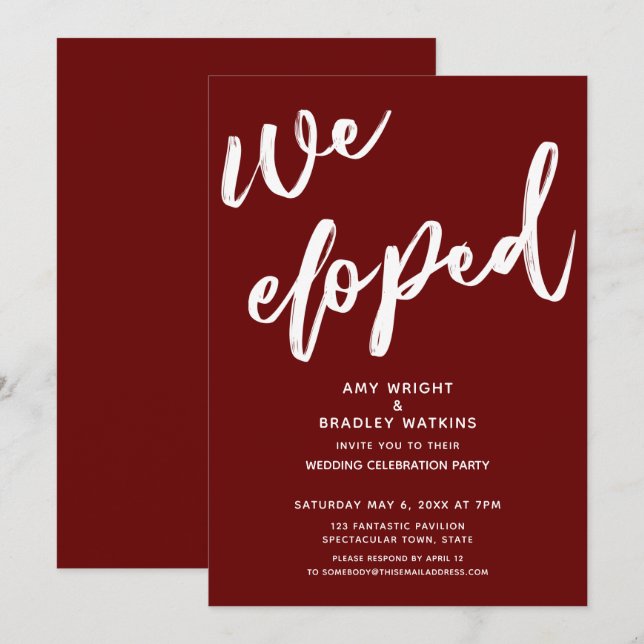 Simple Burgundy We Eloped Wedding Reception Invitation (Front/Back)