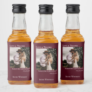 Simple Burgundy Wedding Photo Love & Thanks Mini Liquor Bottle Label