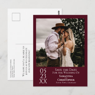 Simple Burgundy Wedding Save the Date Photo Postcard