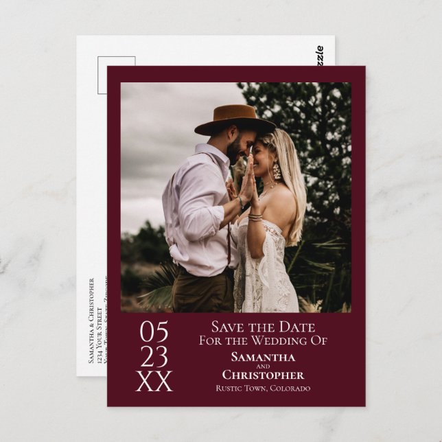 Simple Burgundy Wedding Save the Date Photo Postcard (Front/Back)