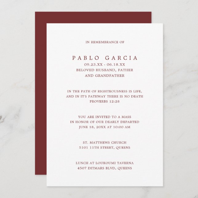 Simple Burgundy White Minimalist Death Anniversary Invitation (Front/Back)