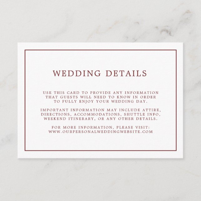Simple Burgundy White Minimalist Wedding Details Enclosure Card (Front)
