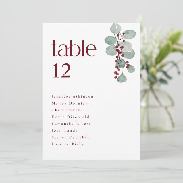 Simple Burgundy Winter Wedding Seating Chart Cards (Standing Front)