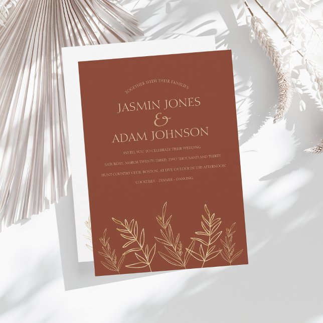 Simple Burnt Orange and Gold Leaves Wedding Invitation (Creator Uploaded)