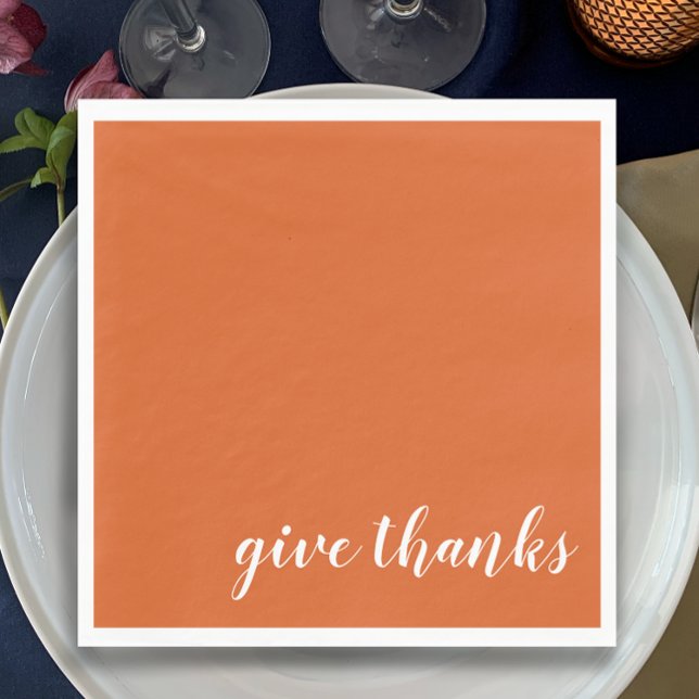 Simple Burnt Orange Give Thanks Thanksgiving Napkin (Modern custom script burnt orange Thanksgiving dinner napkin. Give thanks.)