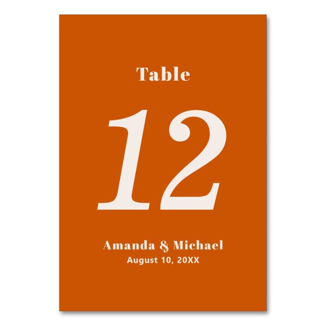 Simple Burnt Orange Modern Minimalist Wedding Table Number (Front)