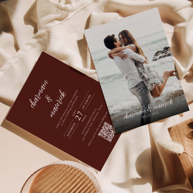 Simple Burnt Orange Script Photo QR Code Wedding Invitation (Creator Uploaded)