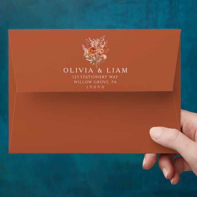 Simple Burnt Orange Terracotta Florals Wedding Envelope (Hand)
