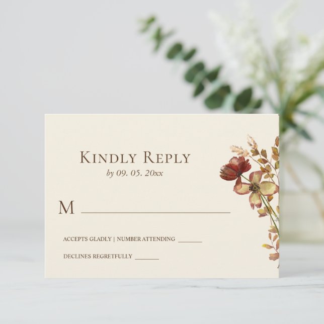 Simple Burnt Orange Wildflowers Floral Wedding RSVP Card (Standing Front)