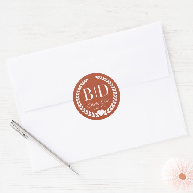 Simple Burnt Terracotta Orange Monogram Wedding Classic Round Sticker (Envelope)