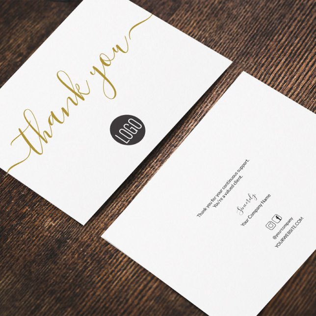 Simple Business Company logo Social Gold Black   Thank You Card (Gold black professional business thank you flat cards.)