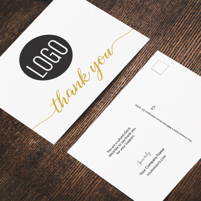 Simple Business Customer Appreciation Thank you Postcard (Large business logo with gold hue elegant thank you script postcard. Thank you message wording.)